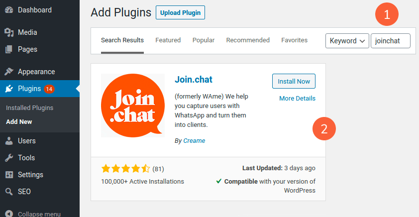 Installing Join.chat in the WordPress admin