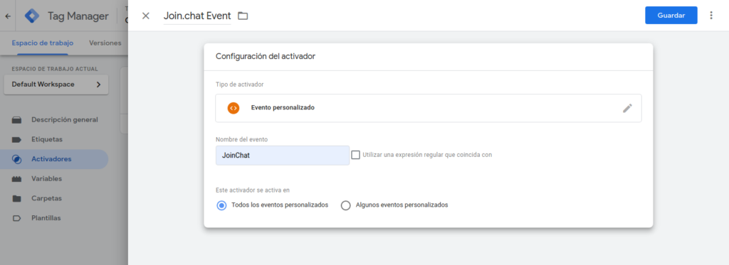 Google Tag Manager añadir Activador de evento personalizado