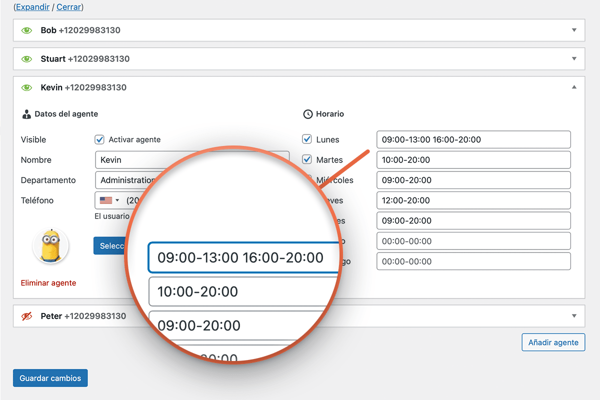 Configure la disponibilidad de cada agente por día y en varias franjas horarias.