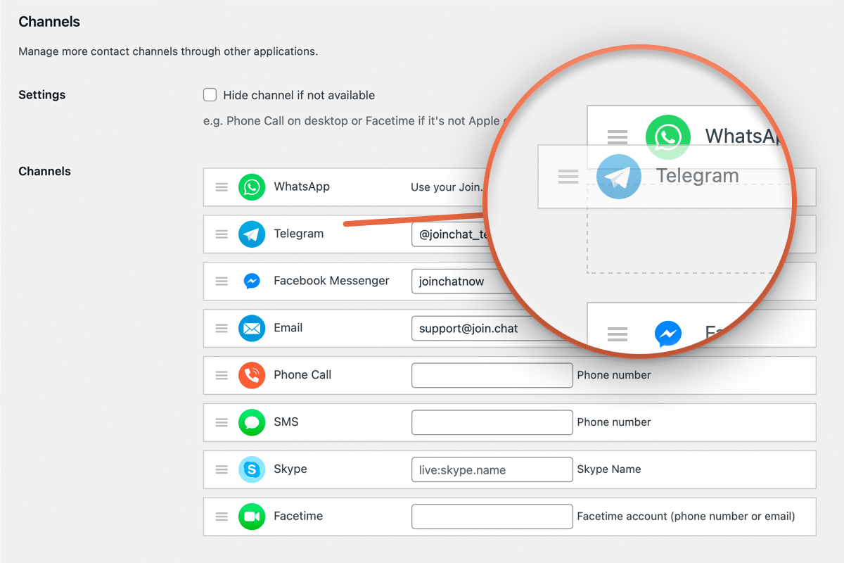 Configure each channel to your liking. Drag and drop to place the channels in the desired order.